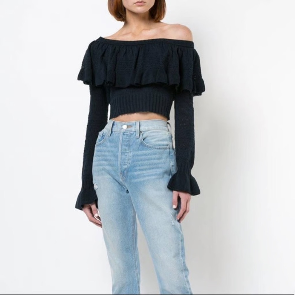 LoveShackFancy Rory Off the Shoulder Knit Ruffle Sweater - Picture 2 of 15